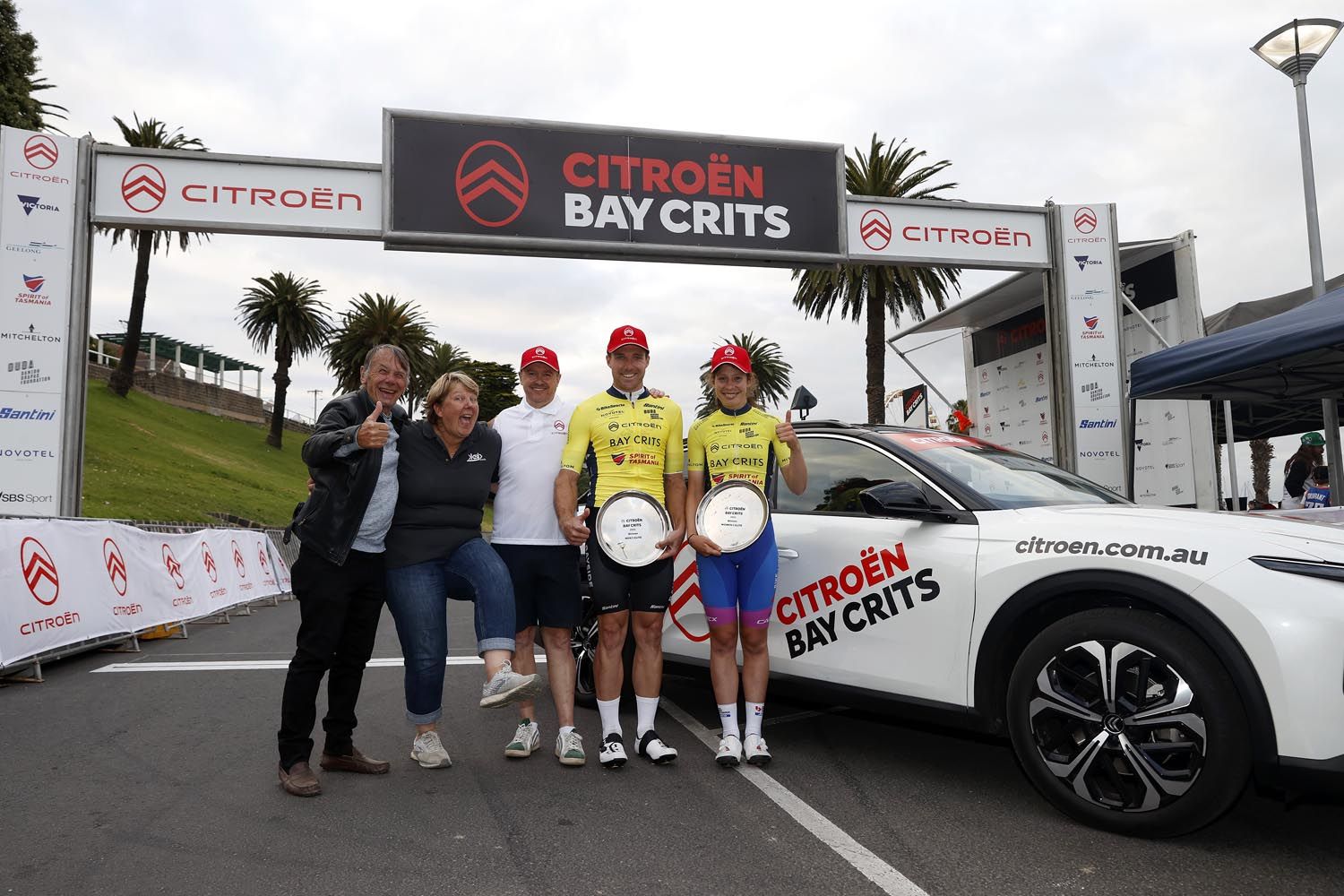 John Trevorrow, Karin Jones & Brett Robinson (Bayside Citroën) with 2023 Citroën Elite Winners Brenton Jones and Ruby Roseman-Gannon